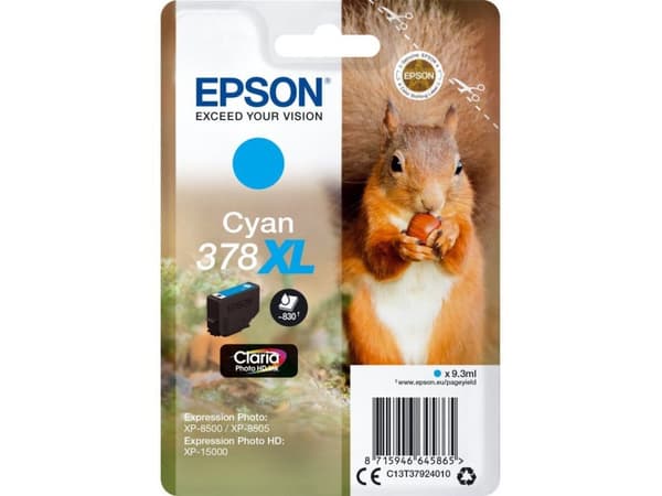 Epson Squirrel Singlepack Cyan 378XL Claria Photo HD Ink, Hög (XL) avkastning, 9,3 ml, 830 sidor, 1 styck