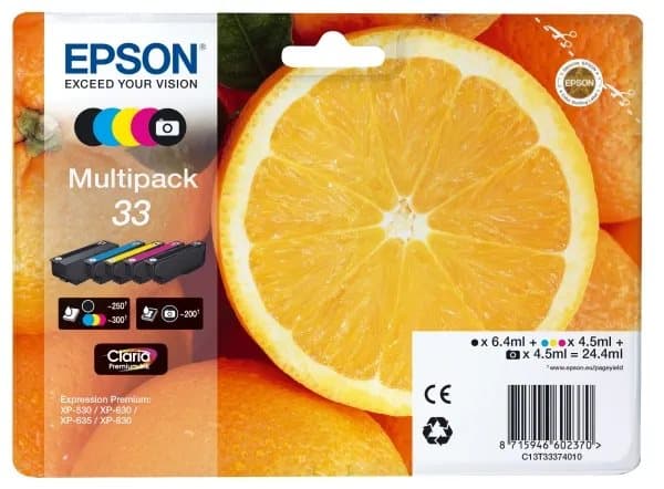 Epson Oranges Multipack 5-colours 33 Claria Premium Ink, Standard utskriftsproduksjon, Sort, Foto sort, Cyan, Fiolblå, Gult, Pigmentbasert blekk, Far