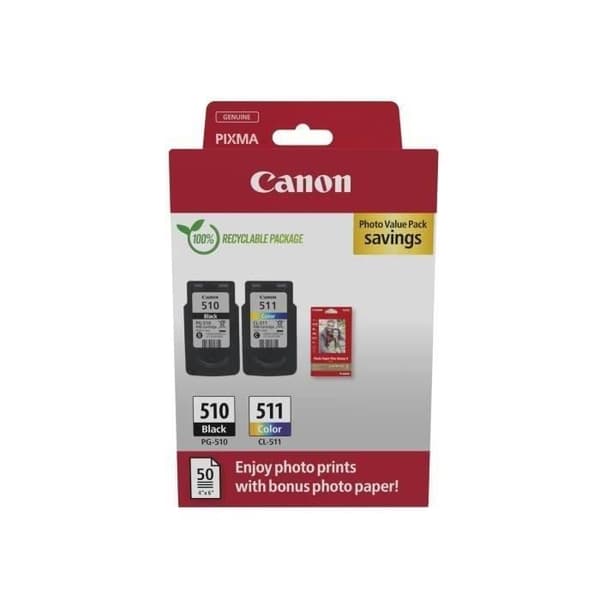 Paket med 2 bläckpatroner + fotopapperspaket - CANON - PG-510 Svart + CL-511 Färg
