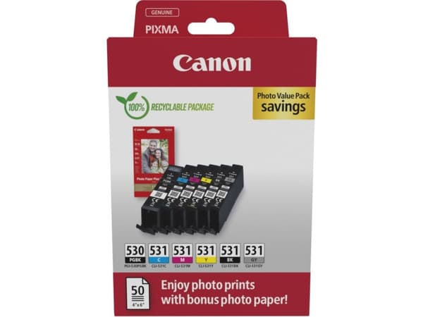 Canon PGI-530/CLI-531 PVP, Svart, Cyan, Grå, Magenta, Fotosvart, Gul, 6 styck, Foto, värdepack