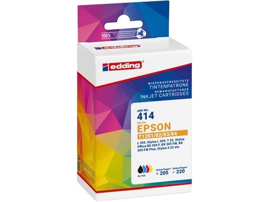 Edding EDD-414, Svart, Cyan, Magenta, Gul, 7 ml, 7 ml, 4 styck, 205 sidor, Flerpack