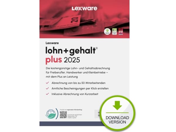 Lexware lohn+gehalt plus 2025 Download Jahresversion (365-Tage), Regnskap, Elektronisk programvarenedlasting (ESD), Tysk, 1 år, Windows 11 Enterprise