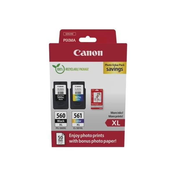 Paket med 2 bläckpatroner + fotopapperspaket - CANON - PG-560XL Svart + CL-561XL Färg