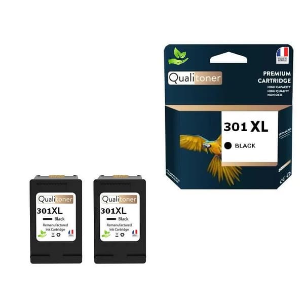 301XL tillverkad i Frankrike, 2 renoverade bläckpatroner för HP 301 XL Svart CH563EE/CH561EE kompatibel Envy 4500 4507 5530,Des