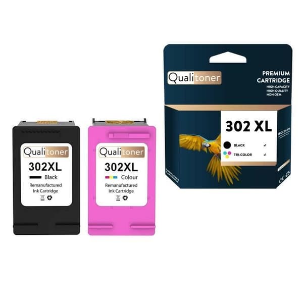 QUALITONER - 2 patron kompatibel för HP 302 XL + 302CL XL 302XL + 302CLXL Svart + Färg för HP DeskJet 2130 2134 3630 3630 Ser