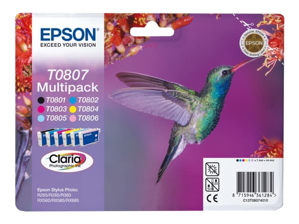 Epson T0807 Multipack - Svart, gul, cyan, magenta, lys magenta, lys cyan - original - blekkpatron - for Stylus Photo P50, PX650, PX700, PX710, PX720,