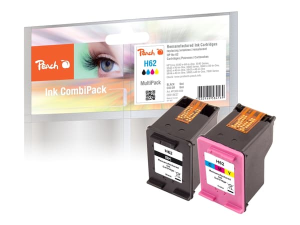 Peach Multi Pack H62 - 2-pack - svart, färg (cyan, magenta, gul) - kompatibel - återanvänd - bläckpatron (alternativ för: HP 62) - för HP ENVY 55XX,