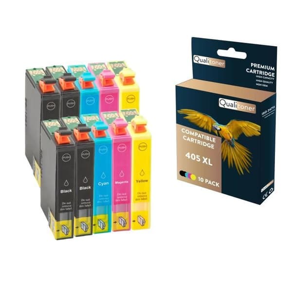QUALITONER - 10 kompatibla patroner för EPSON 405 XL 405XL Svart (x4) + Cyan (x2) + Magenta (x2) + Gul (x2) (Väska) för Epson