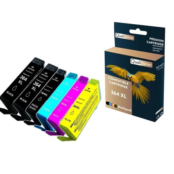 QUALITONER - 6 kompatibla patroner för HP 364 XL 364XL Svart (x2) + Cyan + Magenta + Gul + Fot svart för HP DeskJet D 5400 Serie