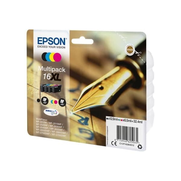 Epson 16XL Multipack Pack med 4 XL svart, gul, cyan, magenta original blisterbläckpatron för WorkForce WF-2010, 2510,...