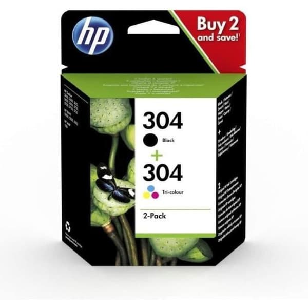 HP 304 2-pack svart och trefärgad originalbläckpatron (3JB05AE) för DeskJet 2620/2630/3720/3730, Envy 5020/5030