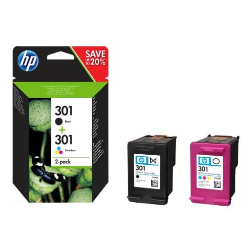 HP 301 - 2-pack - svart, färg (cyan, magenta, gul) - original - bläckpatron