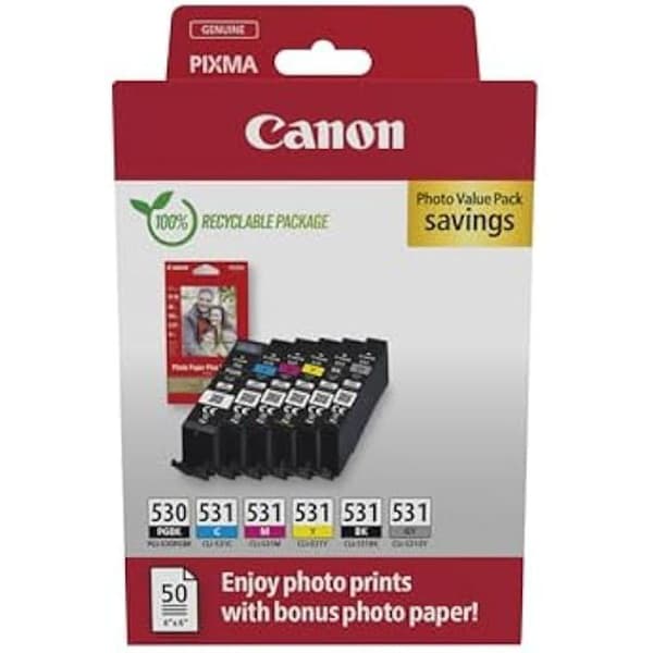 Bläckpatroner - CANON - PGI-530 / CLI-531 - 6-pack - 100% återvinningsbara - 50 foton 4x6