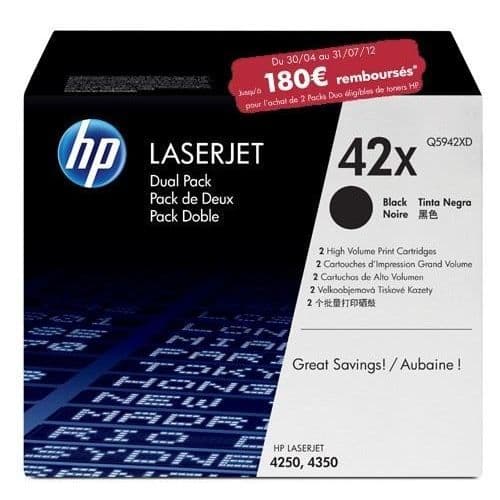 HP 42X 2-pack svarta original LaserJet-tonerkassetter med hög kapacitet (Q5942XD) för HP LaserJet 4240/4250/4350