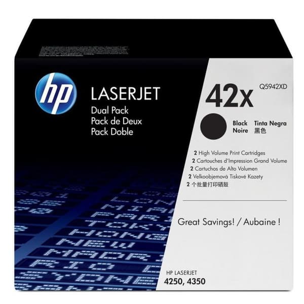 HP 42X 2-pack svarta original LaserJet-tonerkassetter med hög kapacitet (Q5942XD) för HP LaserJet 4240/4250/4350