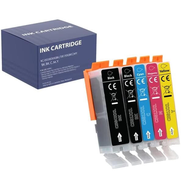 Ersättningsbläckpatron Canon 580 581 XXL kompatibel med Pixma TR7500 TS6100 Pack 1 svart PGBK 1 svart 1 cyan 1 magenta 1 gul