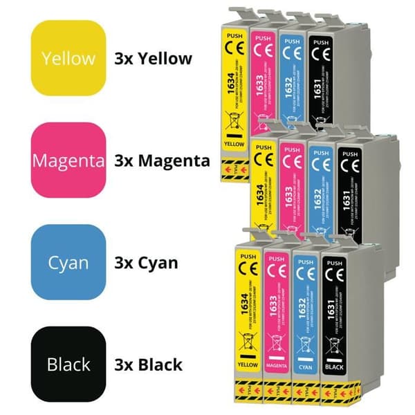 Bläckpatron - Epson - 16XL - Pack om 12 - Kompatibel med WorkForce - Svart, Cyan, Magenta, Gul