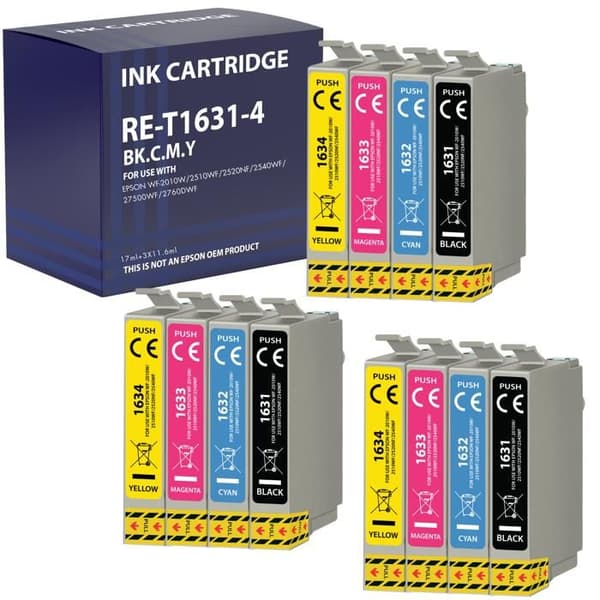 Bläckpatron - Epson - 16XL - Pack om 12 - Kompatibel med WorkForce - Svart, Cyan, Magenta, Gul