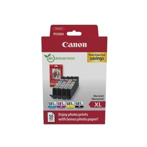 Flerpack bläckpatroner + fotopapperspaket - CANON - CLI-581XL Svart/Cyan/Magenta/Gul - Hög kapacitet