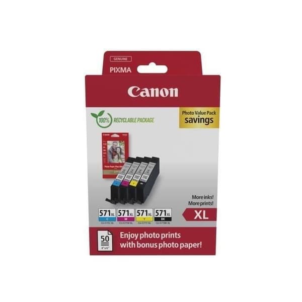 Bläckpatroner + fotopapperspaket - CANON - CLI-571XL Svart/Cyan/Magenta/Gul - Hög kapacitet
