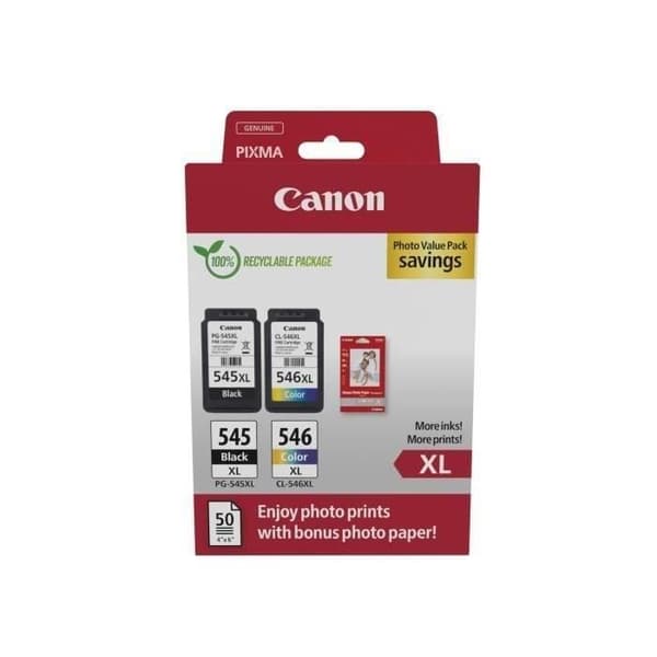 Paket med 2 bläckpatroner + fotopapperspaket - CANON - PG-545XL Svart + CL-546XL Färg - Hög kapacitet