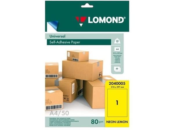 Lomond Self-Adhesive Paper Universal Labels, 1/210x297, A4, 50 sheets, Lemon neon