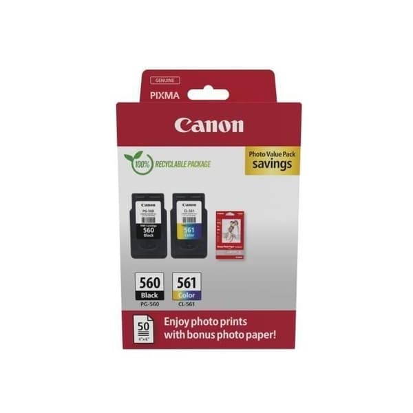 Paket med 2 bläckpatroner + fotopapperspaket - CANON - PG-560 Svart + CL-561 Färg