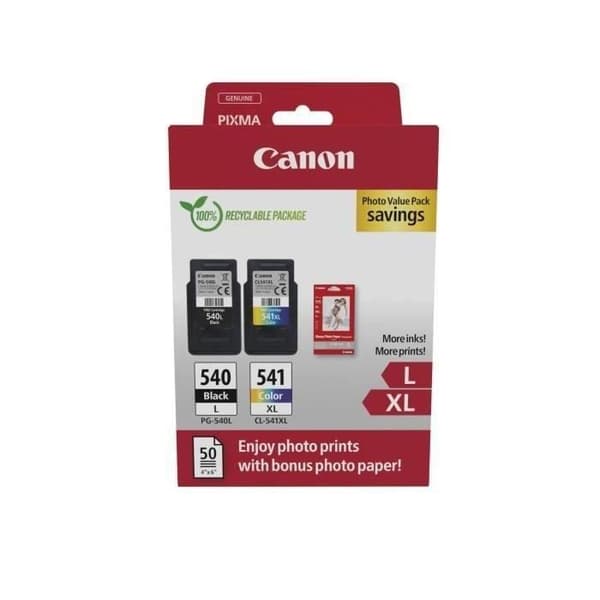Paket med 2 bläckpatroner + fotopapperspaket - CANON - PG-540L Svart + CL-541XL Färg - Hög kapacitet