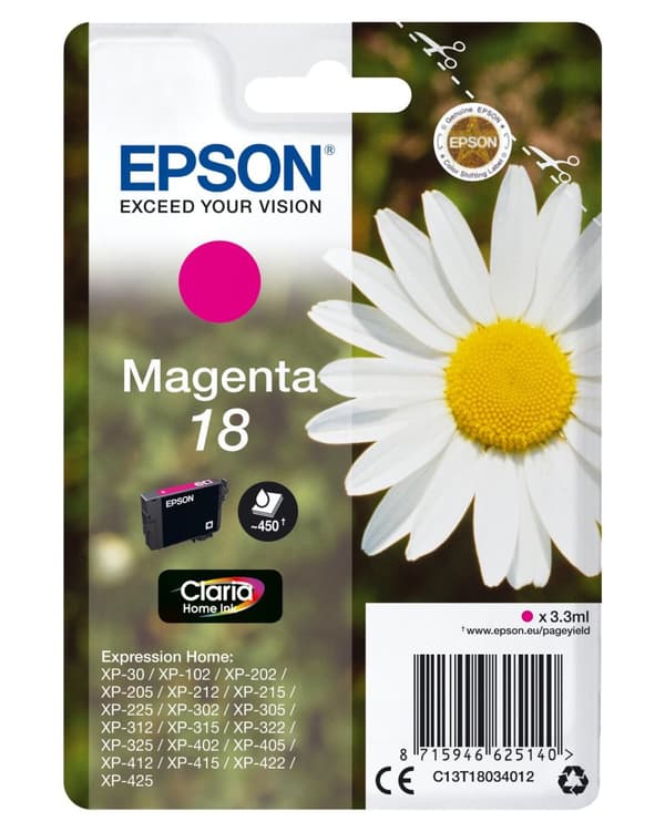 Epson 18 - 3,3 ml - magenta - original - bläckpatron - för Expression Home XP-212, 215, 225, 312, 315, 322, 325, 412, 415, 422, 425 (C13T18034012)