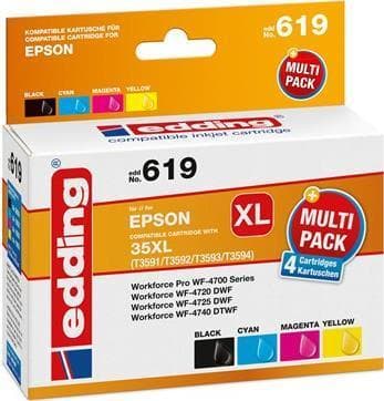 edding-tulostinpatruuna edd-619 korvaa Epson T35XL (T3591/92/93/94) monipakkauksen 4 - musta, syaani, magenta, keltainen - sisältö: 1x 50 ml + 3x 25,4