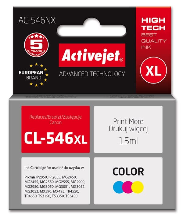 Activejet AC-546NX -tulostimen muste Canonille, korvaava Canon CL-546XL; Supreme; 15 ml; väri, syaani, magenta, keltainen