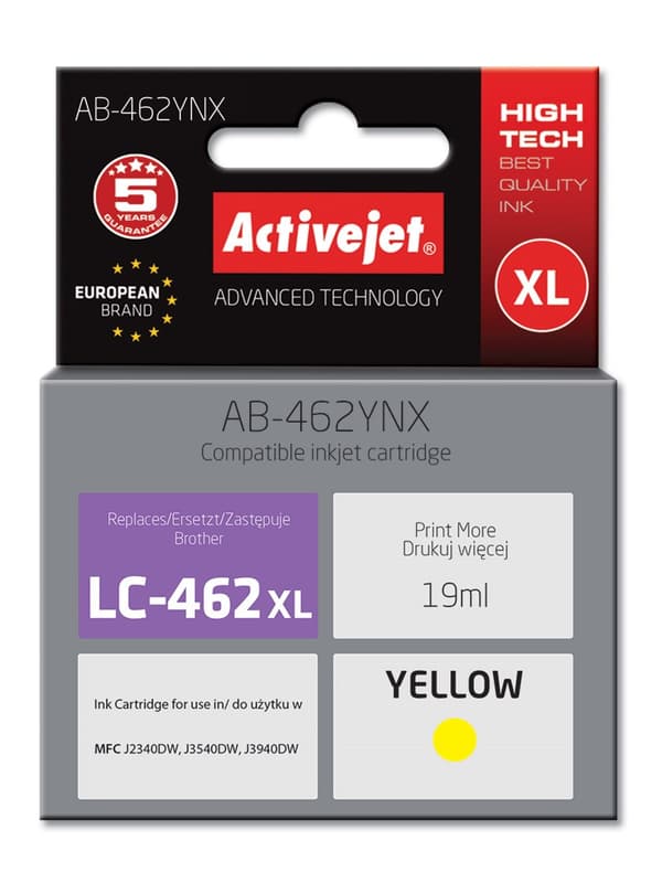 Activejet AB-462YNX -muste Brother-tulostimeen, Brother LC-462XLY -vaihtomuste; Supreme; 19 ml; keltainen.