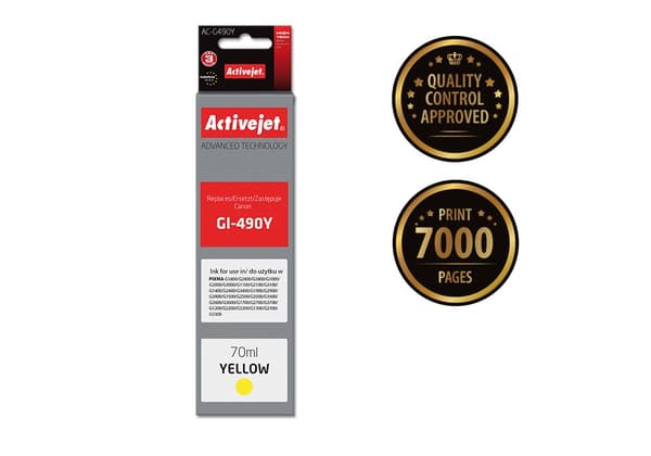 Activejet AC-G490Y -mustekasetti (Canon GI-490Y -tulostimen vaihto; Supreme; 70 ml; 7000 sivua, keltainen)