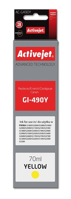 Activejet AC-G490Y -mustekasetti (Canon GI-490Y -tulostimen vaihto; Supreme; 70 ml; 7000 sivua, keltainen)