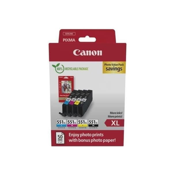 Multipakke blækpatroner + fotopapirpakke - CANON - CLI-551XL Sort/Cyan/Magenta/Gul - Høj kapacitet