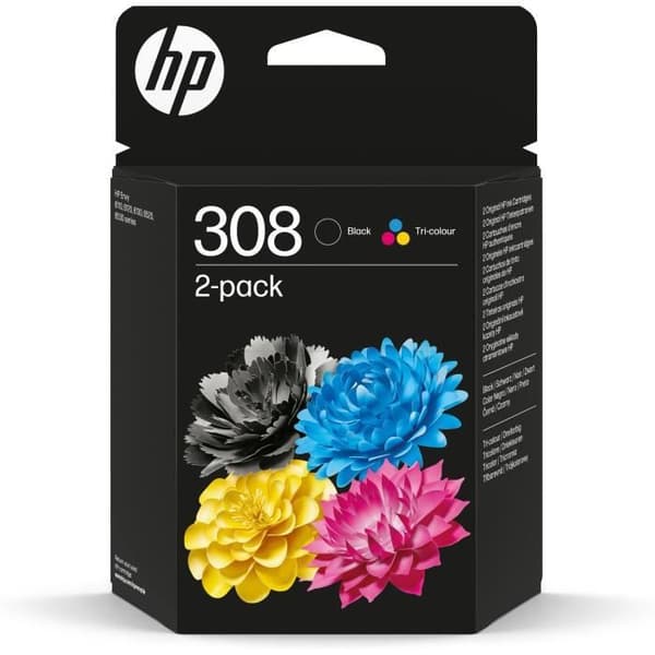 2-pak originale HP 308 sorte og trefarvede blækpatroner (6L6S6UE) til HP Envy 6110, 6120, 6130, 6520, 6530