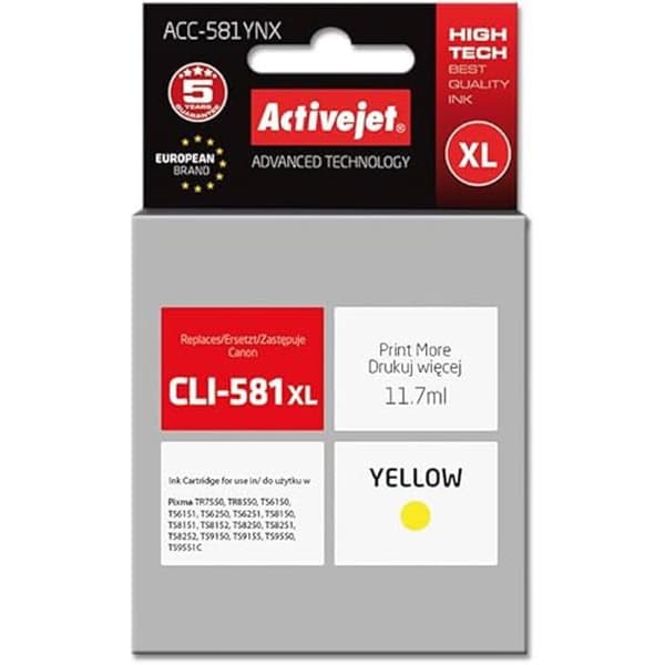 ACTIVEJET ACC-581YNX Gul bläckpatron - CLI-581Y XL kompatibel - Hög kapacitet (XL) - 70 mL