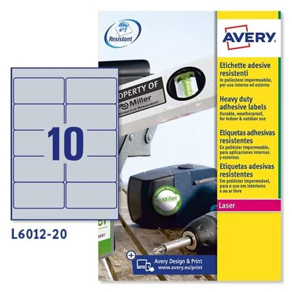 Avery skrivarpatron - L6012-20 - Spanien. Kartong med 200 silverpolyesteretiketter 96 x 50,8 mm i A4