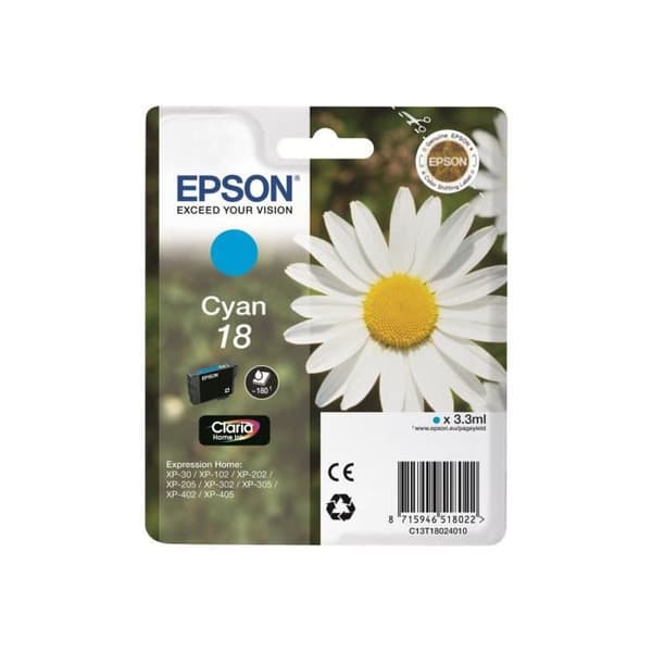 Original Epson 18 Cyan bläckpatron för Expression Home XP-212, 215, 225, 312, 315, 322, 325, 412, 415, 422, 425