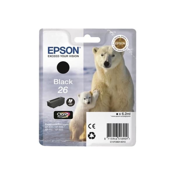 Epson 26 6,2 ml svart originalbläckpatron för Expression Premium XP-510, 520, 600, 605, 610, 615, 620, 625, 700, 710,...