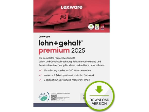 Lexware lohn+gehalt premium 2025 "unbegrenzte Laufzeit" Lataa, Regnskab, Elektronisk software download (ESD), Tysk, Windows 11 Enterprise x64, Window