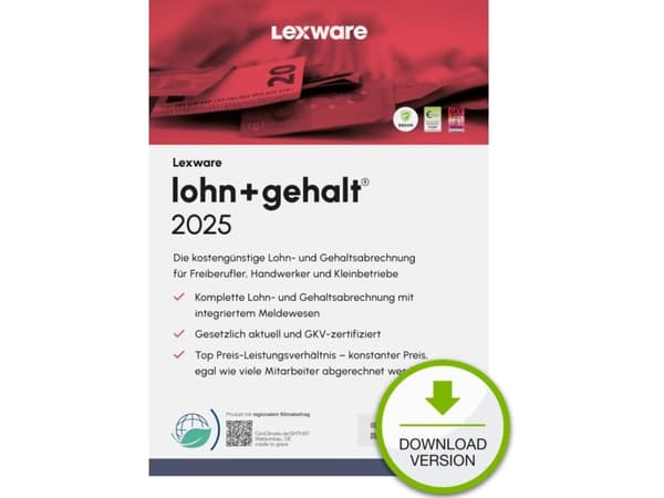 Lexware lohn+gehalt 2025 "unbegrenzte Laufzeit" Last ned, Regnskab, Elektronisk programvarenedlasting (ESD), Tysk, Windows 11 Enterprise x64, Windows