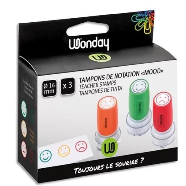 Set med 3 SKOLA 16 mm smiley notationsstämplar WONDAY