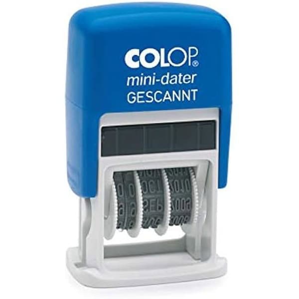 Mini stämpel datum COLOP S160L - Skannad text - Tysk datum - Färg blå/röd - Enkel justering