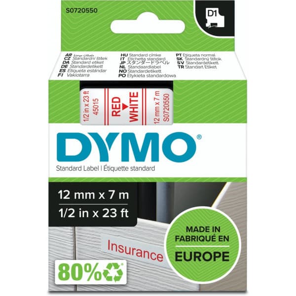 Dymo D1-tejp 12 mm x 7 m, röd på vit botten