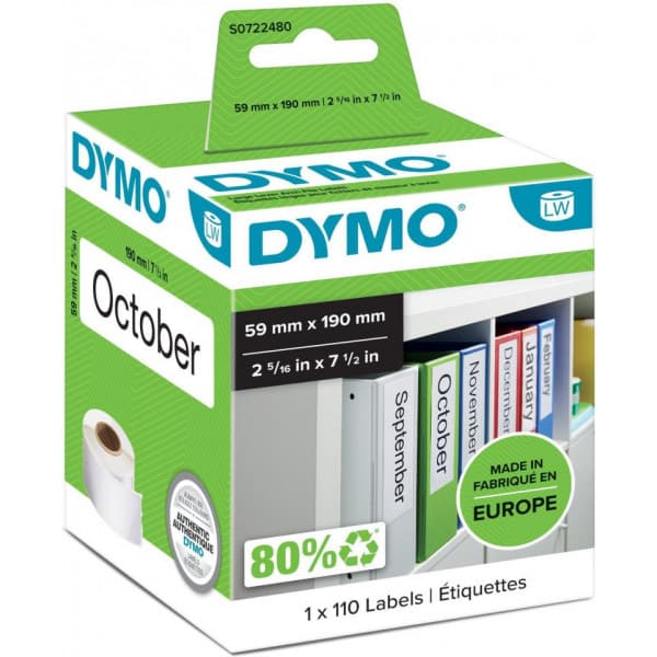 Dymo LabelWriter -leveä mappitarra 190 x 59 mm, 110 tarraa, valkoinen