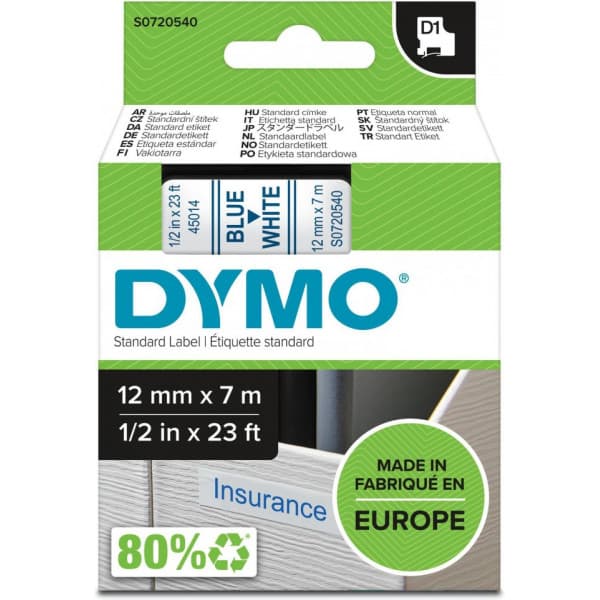 Dymo D1-tejp 12 mm x 7 m, blå på vit bakgrund