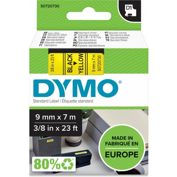 Dymo D1 -teippi 9 mm x 7 m, musta keltaisella pohjalla