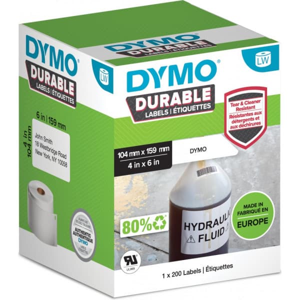 Dymo LW Durable -beständigsetikett 104 mm x 159 mm, 200 etiketter, vit polyester
