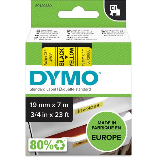 Dymo D1-tejp 19 mm x 7 m, svart med gul botten